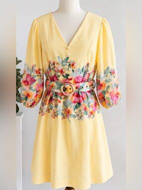 Tahari ASL Yellow Floral Belted V-Neck Puff Sleeve Dress